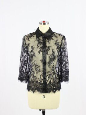 ROBERT RODRIGUEZ Black Sheer Scalloped Lace Satin Trim Button Up Blouse, Size 0